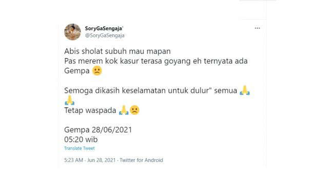 Gempa Bumi Guncang Yogyakarta dan Sekitarnya pada Senin 28 Juni 2021