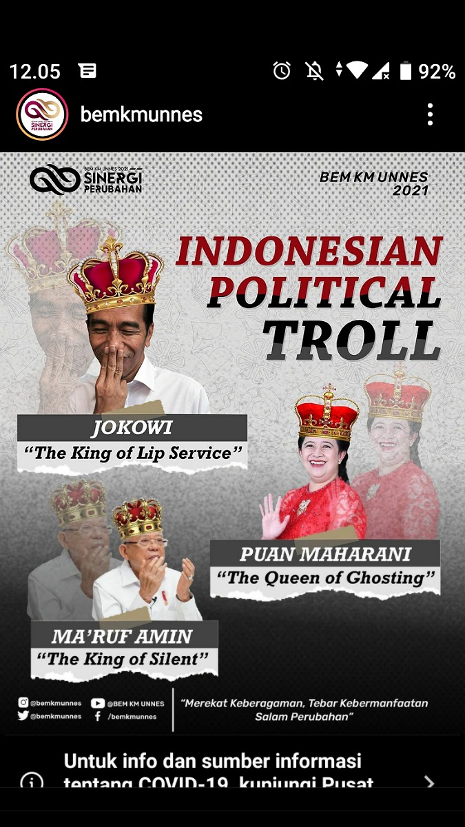 Bem Unnes Beri Gelar ke Ma'ruf Amin dan Puan Maharani: King of Silent, Queen of Ghosting