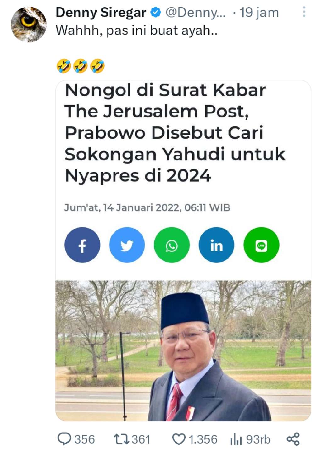 Denny Siregar Ungkit Berita Lawas Prabowo di Surat Kabar Yahudi, The Jerusalem Post