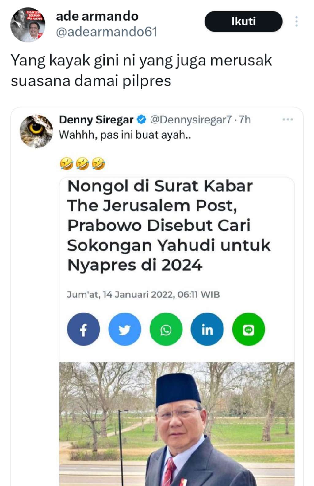 Semprot Postingan Denny Siregar, Ade Armando: Merusak Suasana Damai Pilpres