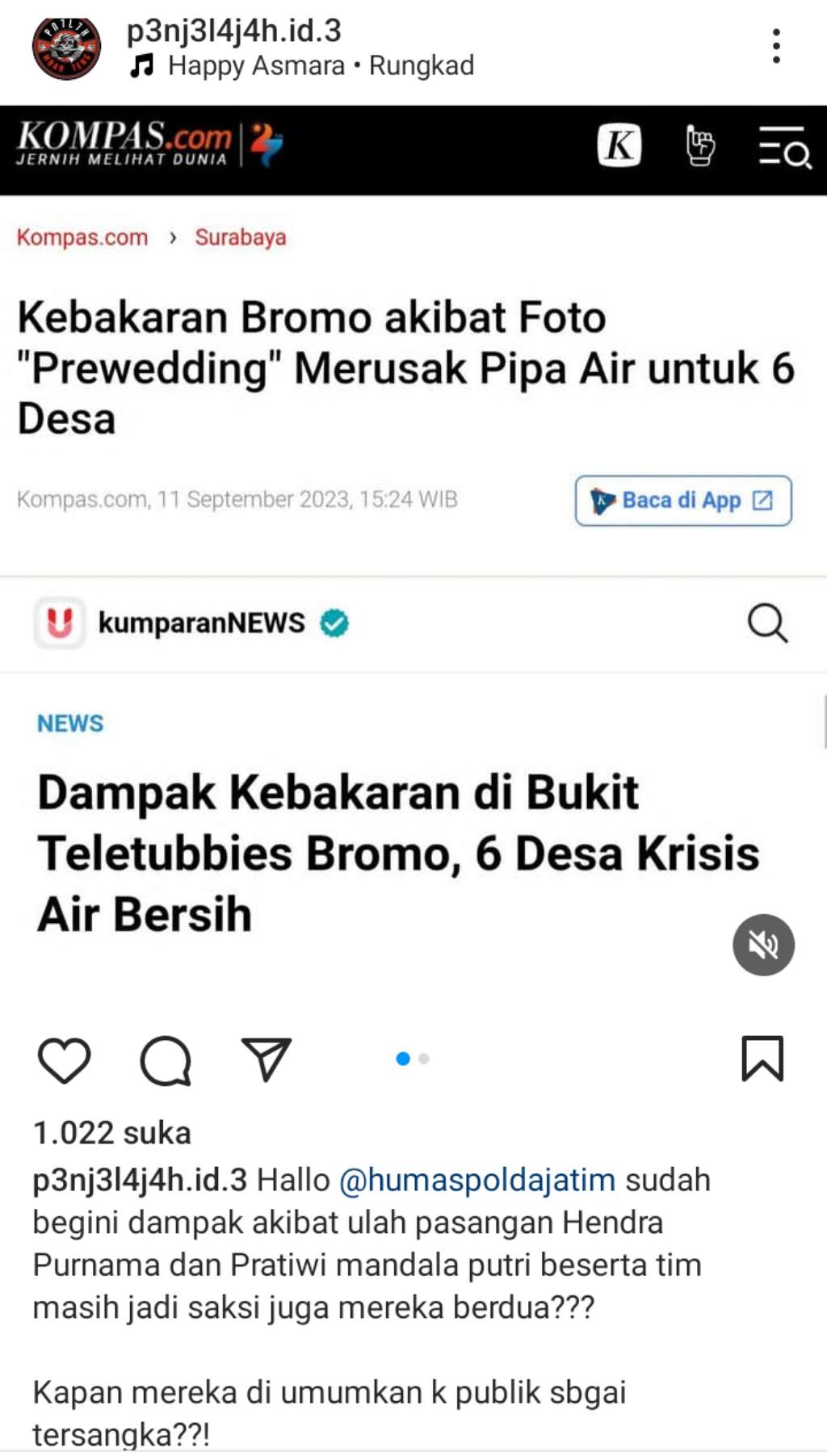 6 Desa Krisis Air Bersih Akibat Kebakaran Bromo, Warganet Desak Pengantin Prewedding Ditangkap