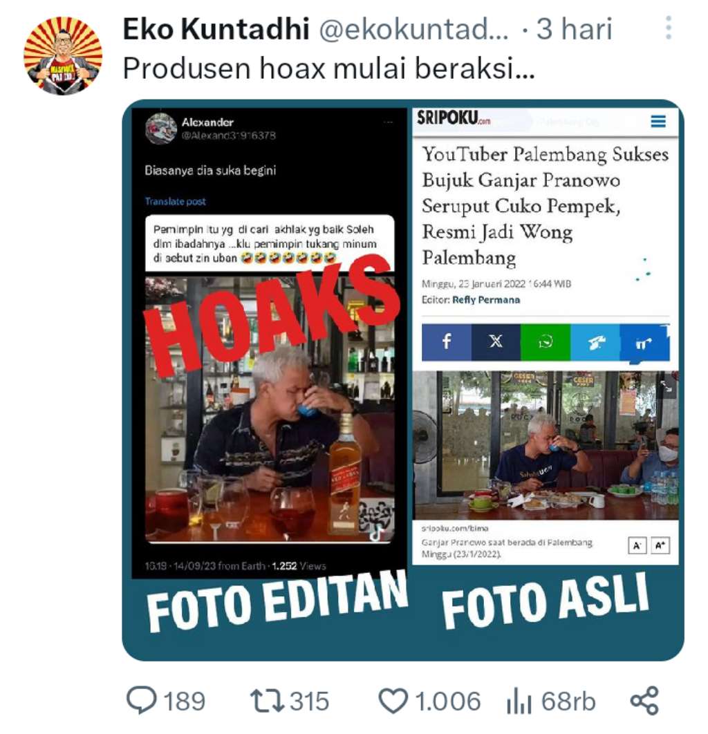 Beredar Foto Editan Ganjar Pranowo Minum Miras, Eko Kuntadhi: Produsen Hoax Mulai Beraksi