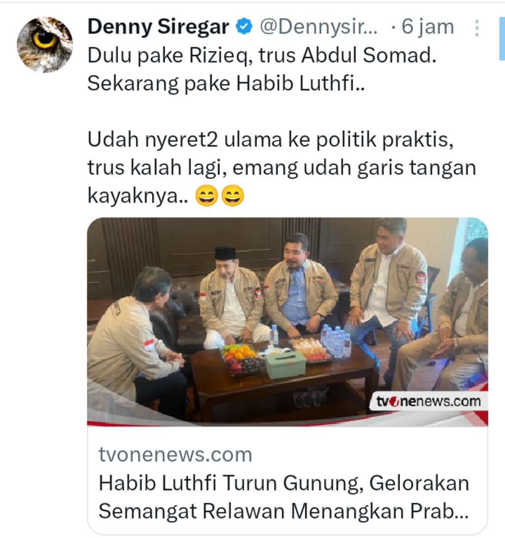 Habib Luthfi Semangat Menangkan Prabowo, Denny Siregar: Ulama Diseret ke Politik Praktis