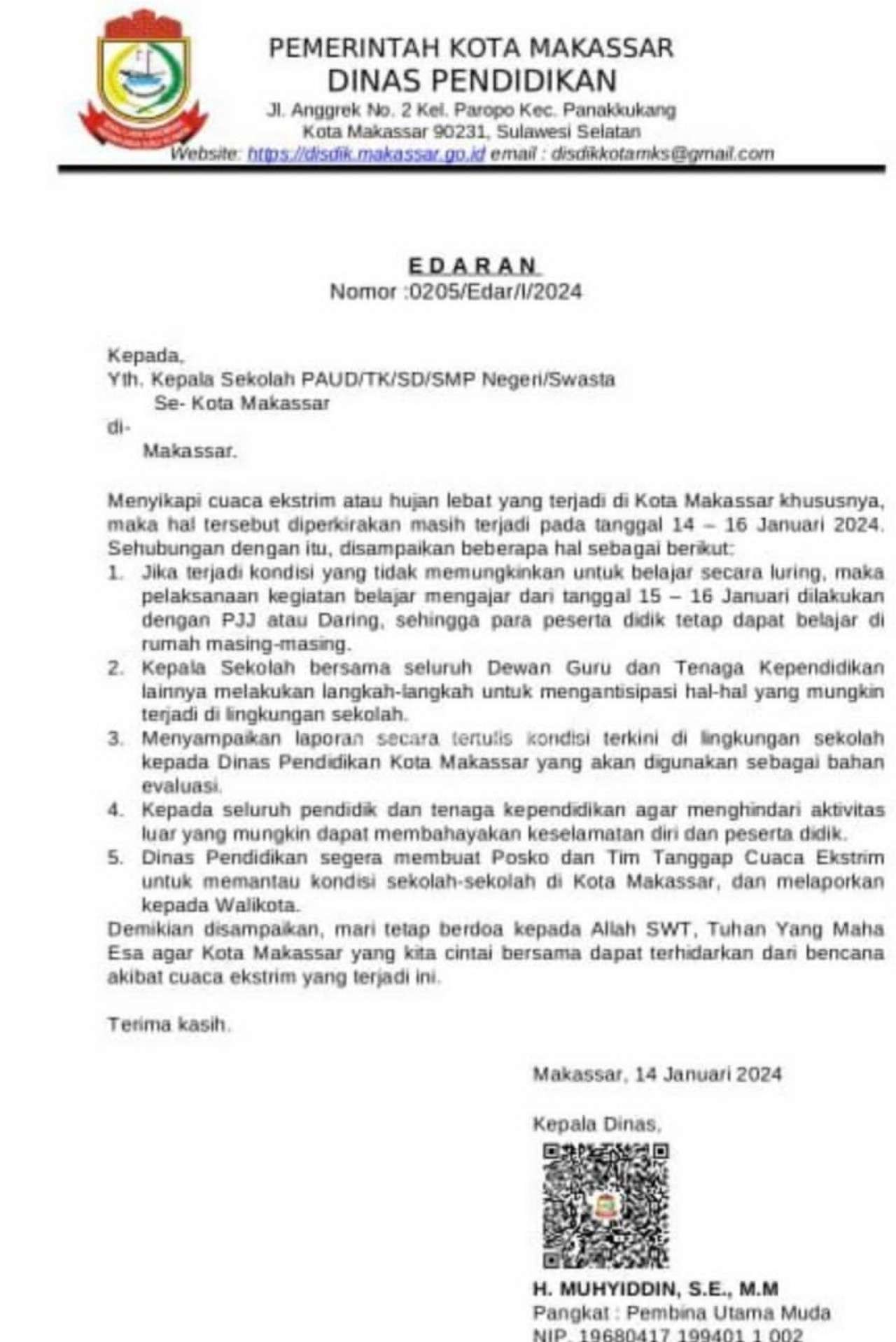 Cuaca Ekstrem Diprediksi Landa Makassar, Disdik Keluarkan Edaran ke Seluruh Sekolah