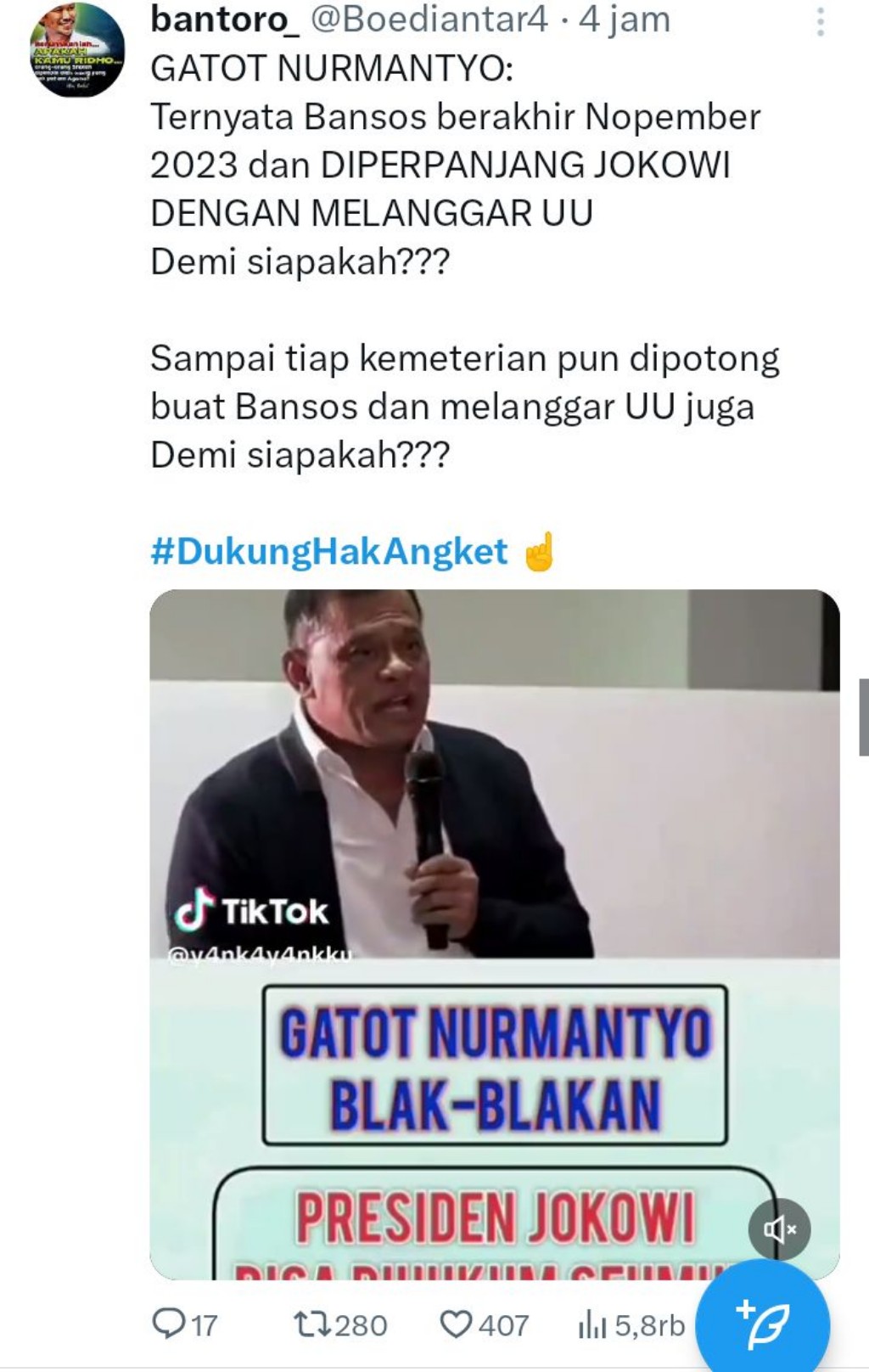 Gatot Nurmantyo: Jokowi Bagikan Bansos Jelang Pemilu Hingga Juni Langgar UU APBN