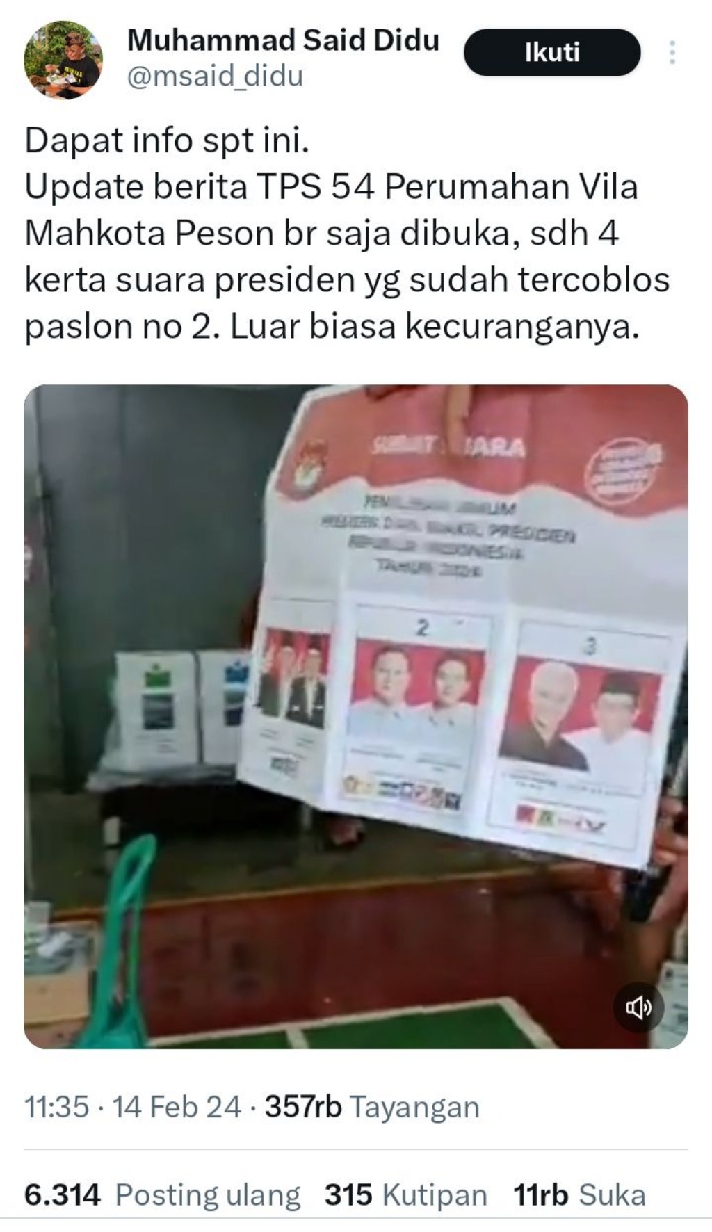 Viral Surat Suara di TPS Belum Dibagikan Sudah Tercoblos 02, Said Didu: Luar Biasa Kecurangannya