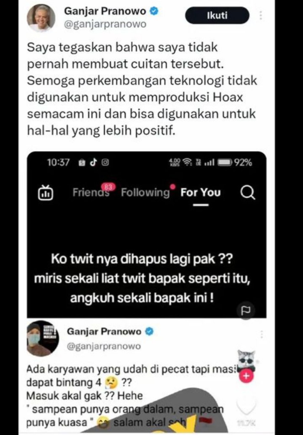 Diduga Singgung Prabowo di Media Sosial, Ganjar Pranowo: Itu Hoaks