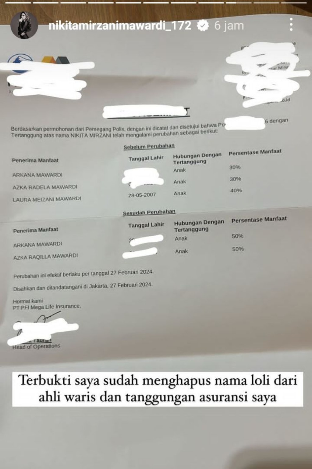 Nikita Mirzani Coret Lolly dari Kartu Keluarga, Ahli Waris dan Tanggungan Asuransi