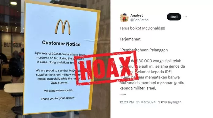 Hoaks Poster Pengumuman McDonalds Ucap Selamat ke IDF dan Tidak Peduli dengan Gaza pengumuman mcdonalds