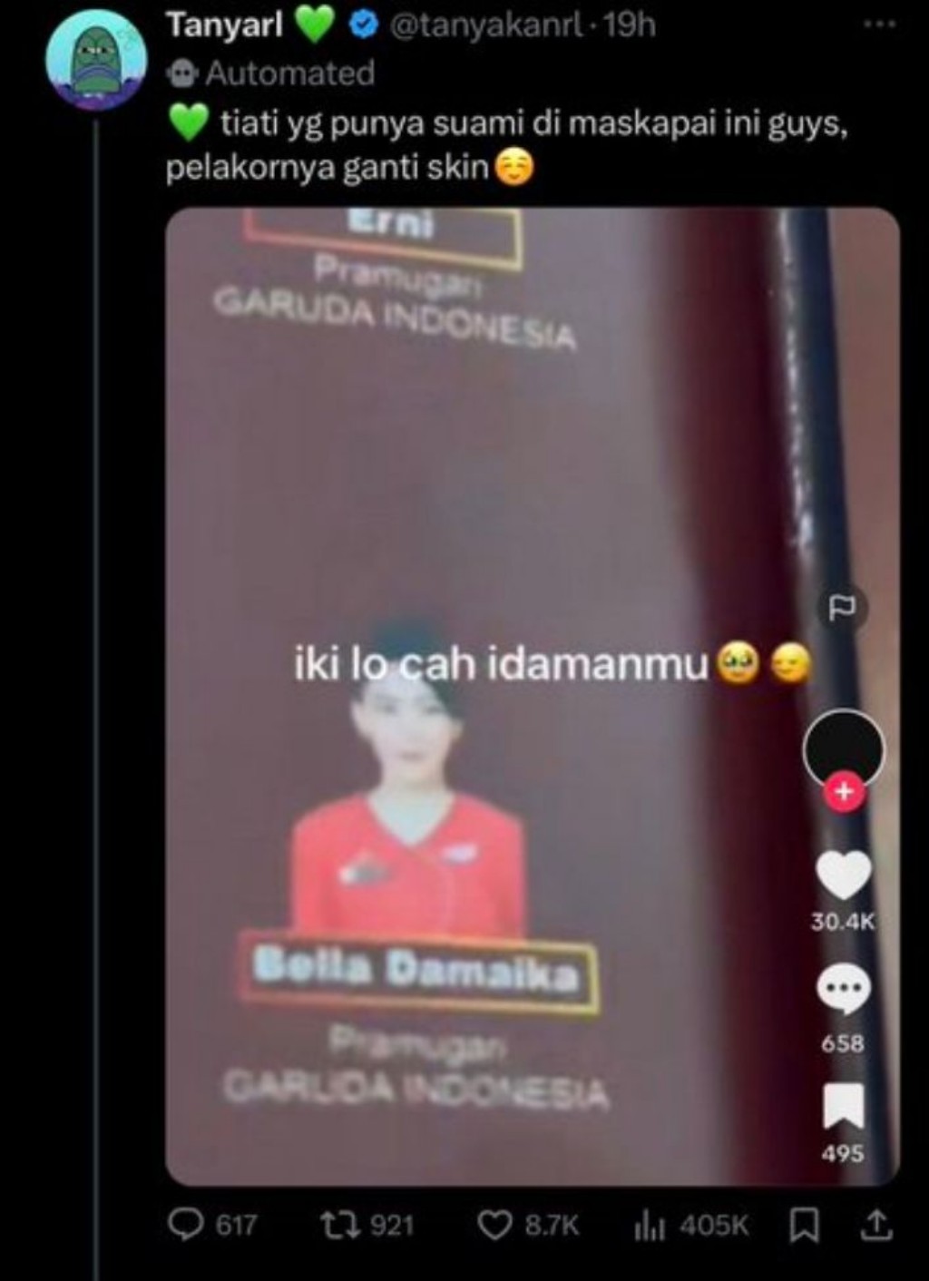 Hoaks, Bella Damaika Pramugari Pelakor Pindah ke Maskapai Garuda Indonesia
