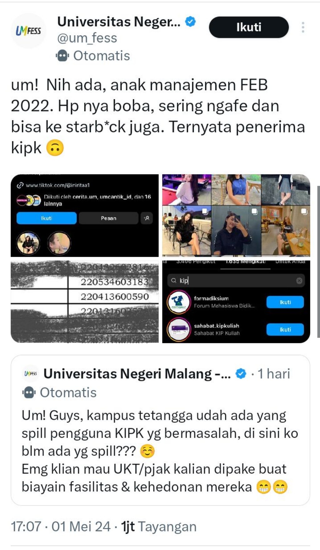 Setelah Undip dan Brawijaya, Viral Penerima KIP Kuliah Universitas Negeri Malang Hidup Hedon