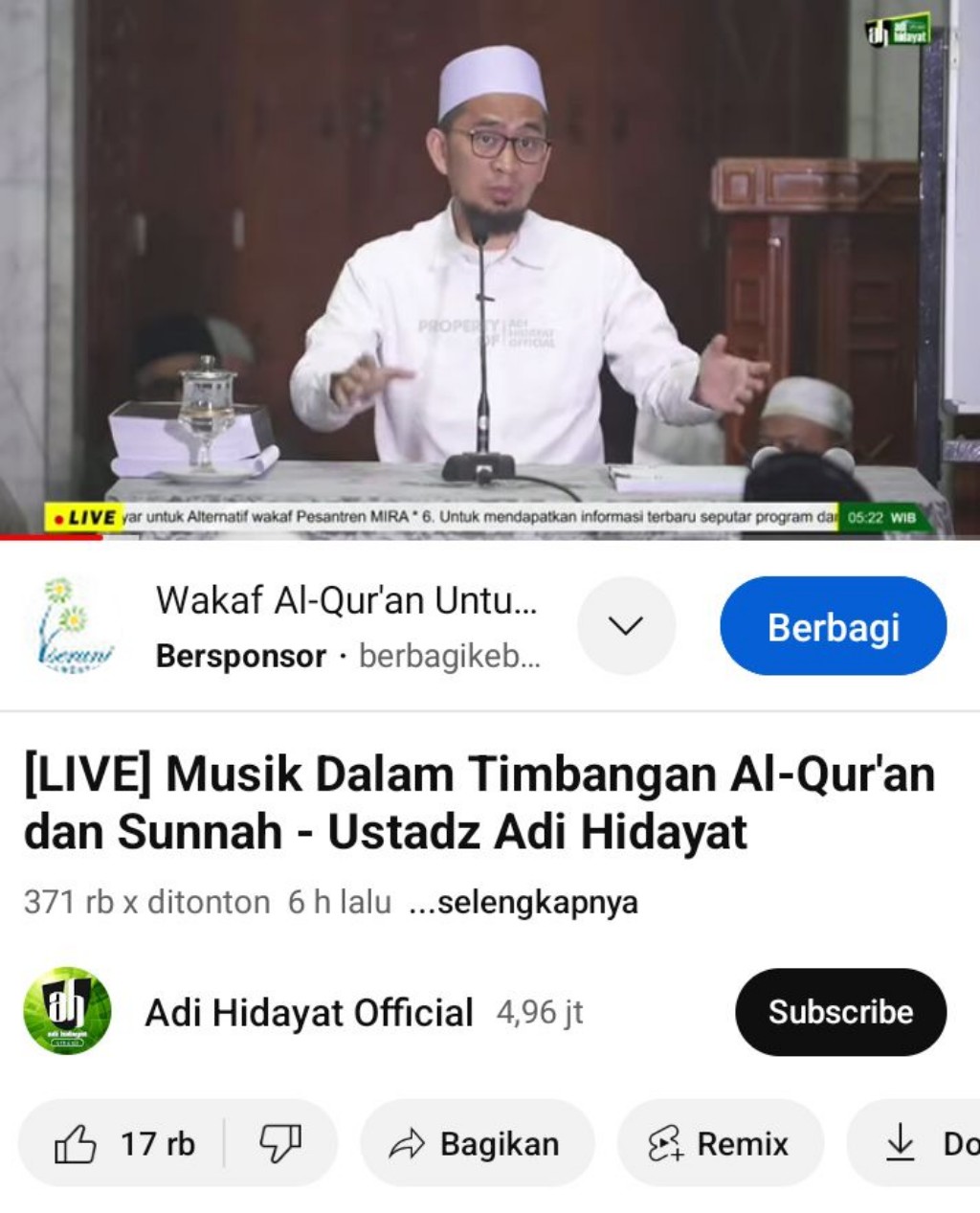 Tidak Haramkan atau Halalkan Musik, Ustadz Adi Hidayat Hanya Tak Suka Musik