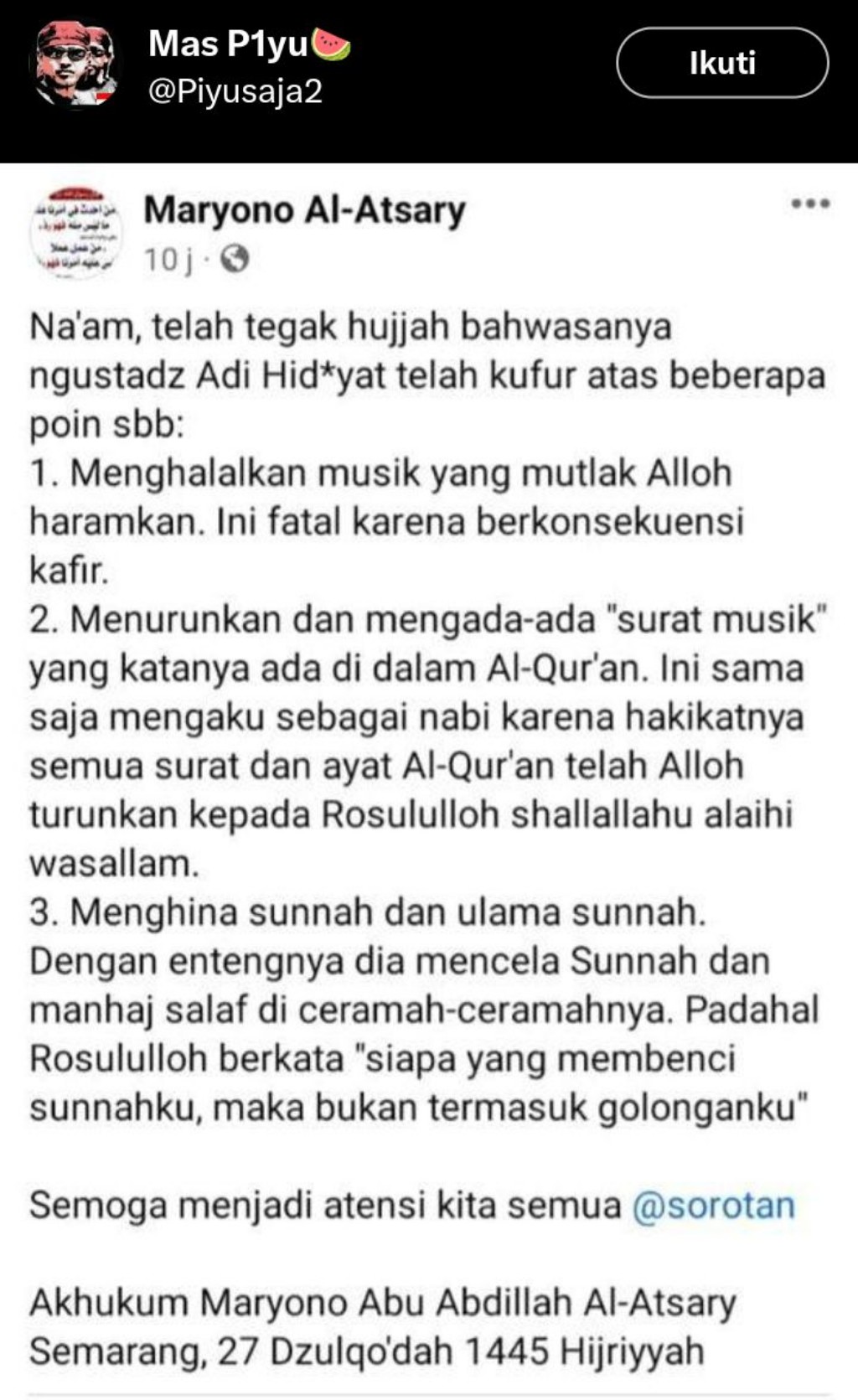 Viral, Maryono Al-Atsary Sebut Ustadz Adi Hidayat Kafir Gegara Halalkan Musik