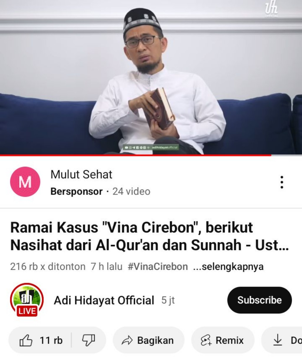 Ustadz Adi Hidayat Minta Pembunuh Vina Cirebon Segera Bertaubat: Hukum Akhirat Dahsyat