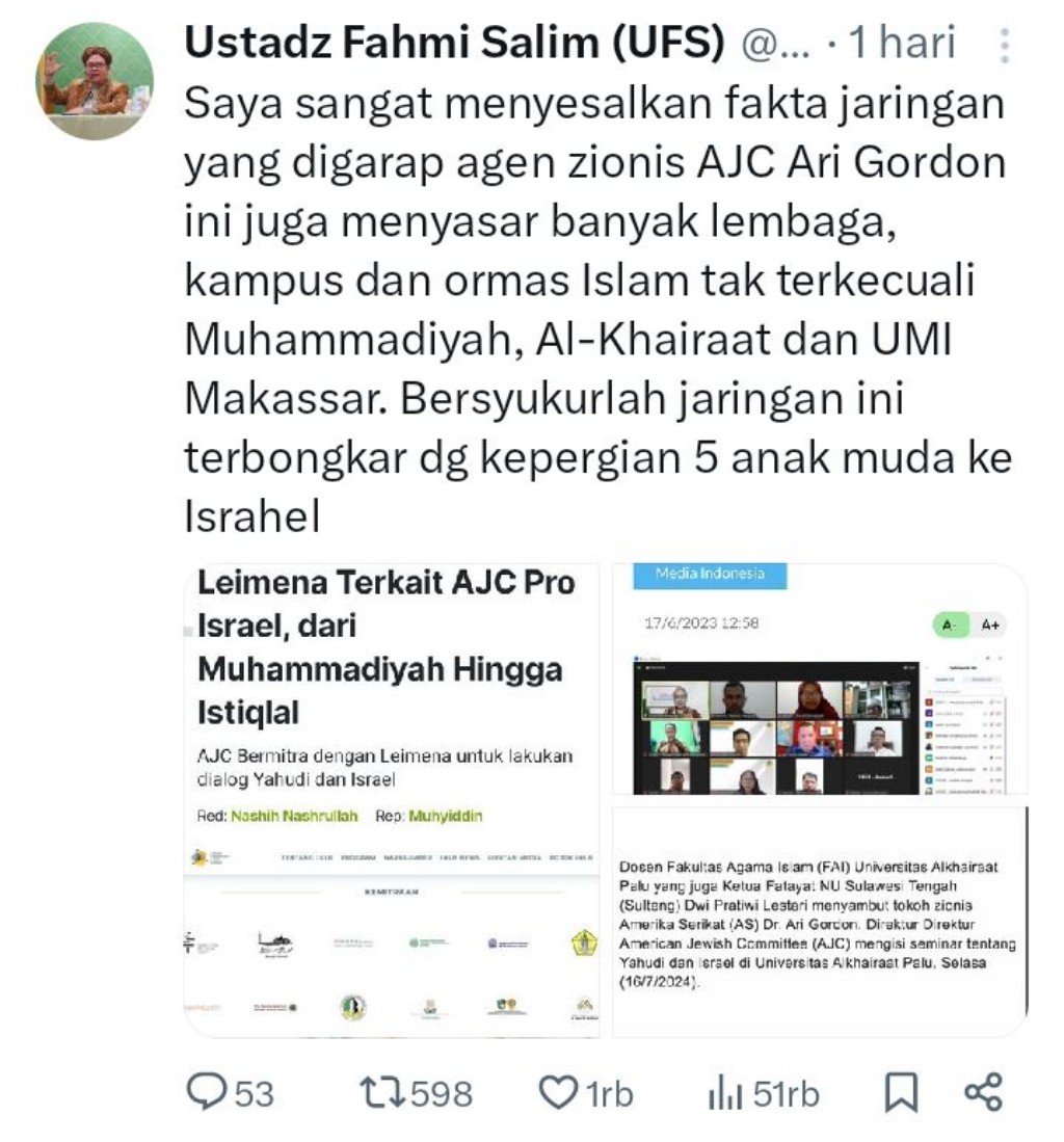 Heboh, Ustadz Fahmi Salim Tuding UMI Makassar dan Muhammadiyah Terafiliasi Agen Israel