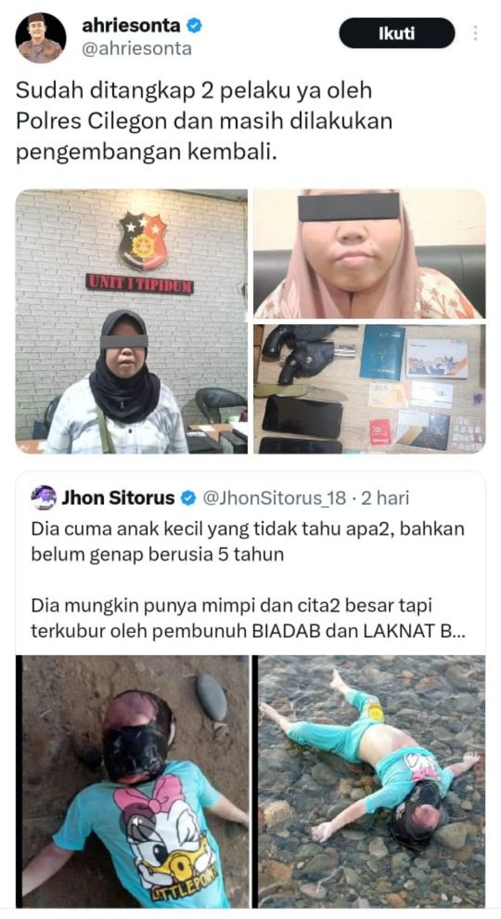 Pelaku Penculik dan Pembunuh Aqila Bocah Cilegon Ditangkap, Polisi Amankan Dua Pistol