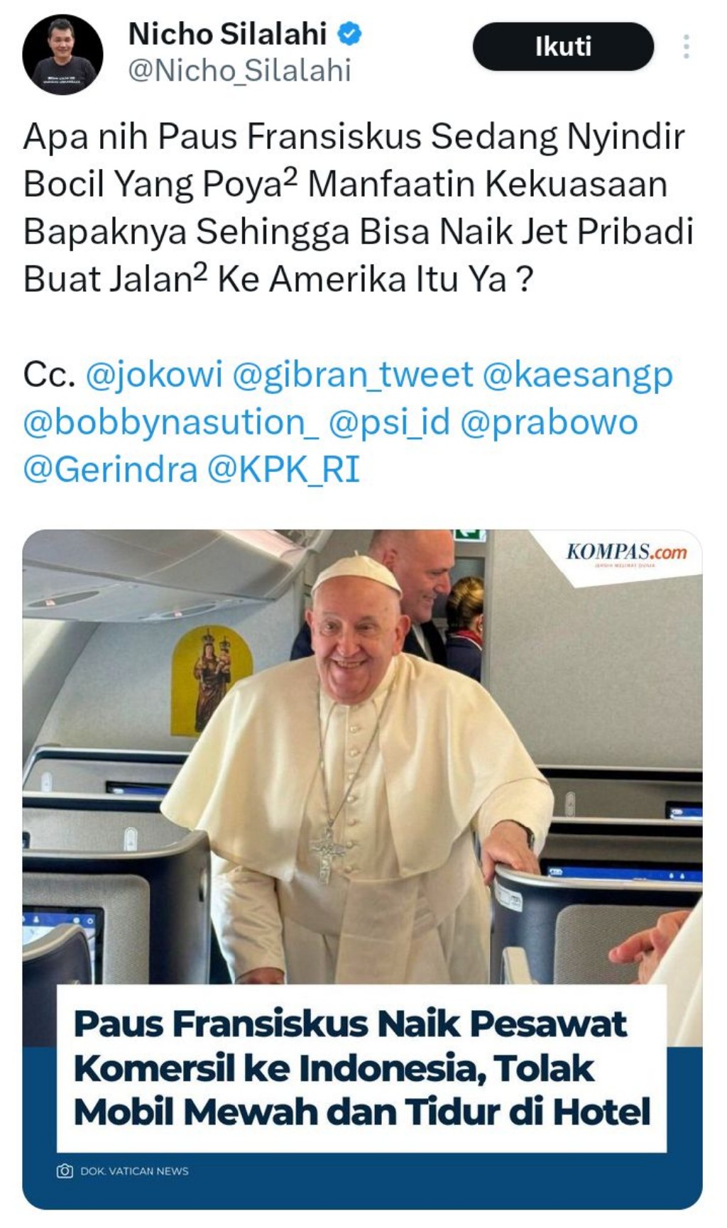Paus Fransiskus ke Indonesia Naik Pesawat Komersil, Kaesang Kena Sentil