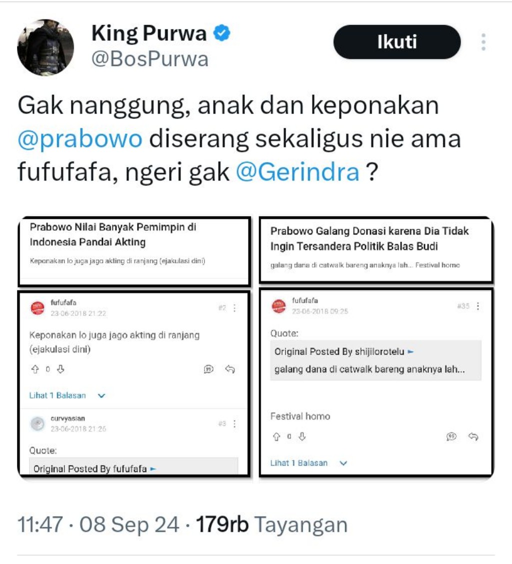 Kembali Heboh, Akun Fufufafa Diduga Gibran Sebut Keponakan Prabowo Jago Ejakulasi Dini