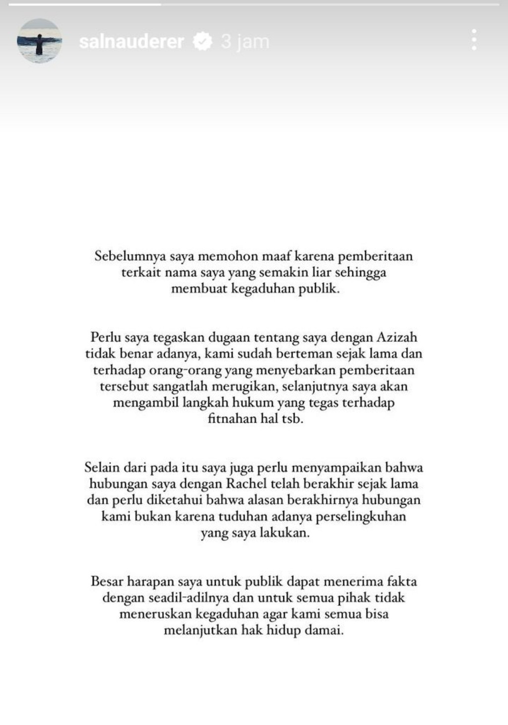 Salim Nauderer Bantah Selingkuh dengan Azizah Salsha Istri Arhan, Ancam Polisikan Penyebar Fitnah