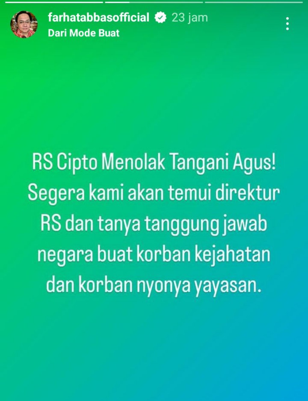 Farhat Abbas Sebut RSCM Tolak Tangani Agus, Singgung Tanggung Jawab Negara