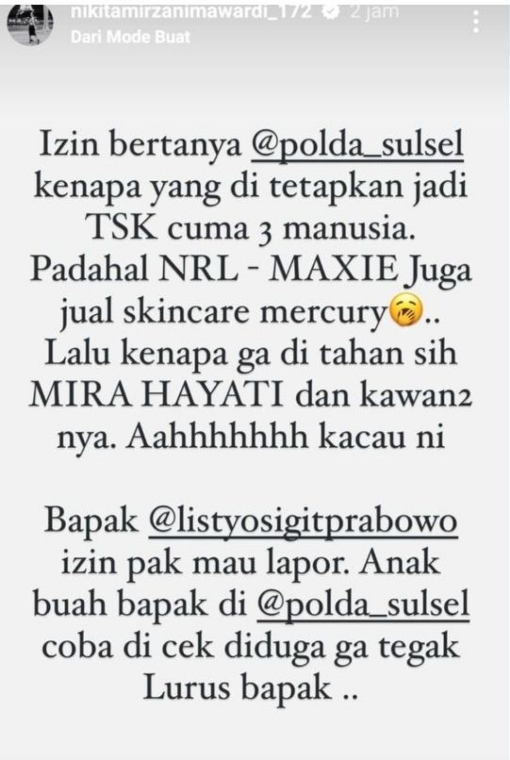 Polda Sulsel Tak Tahan Mira Hayati, Nikita Mirzani Lapor Kapolri