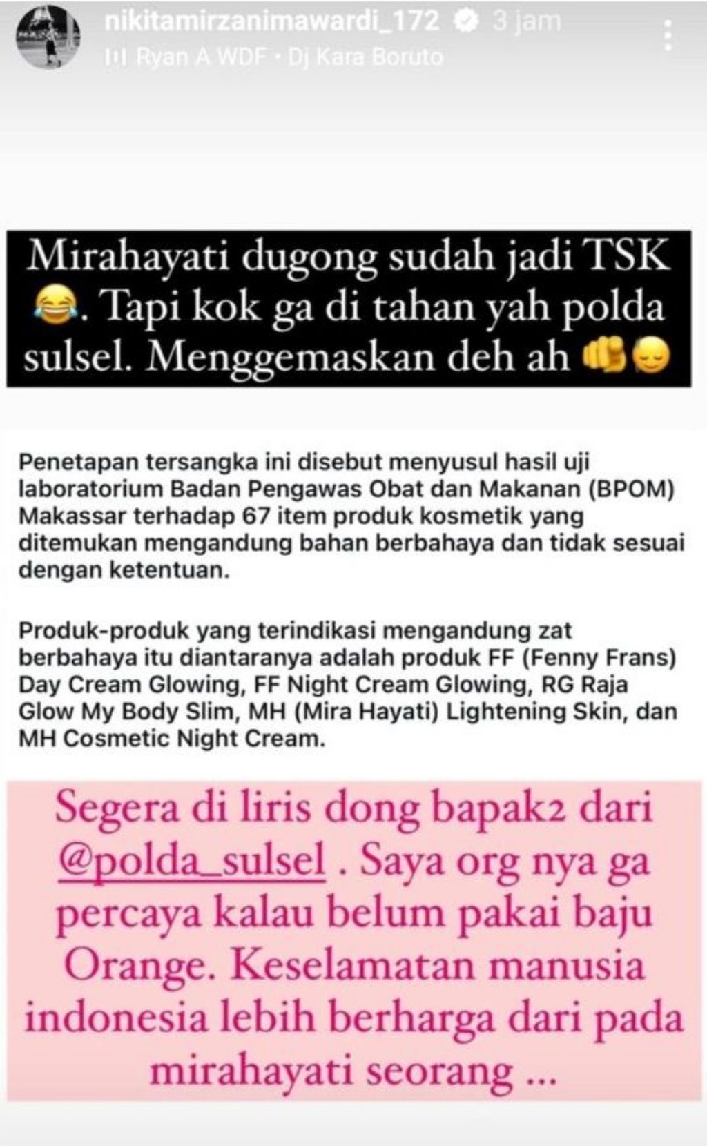 Nikita Mirzani Heran, Mira Hayati Jadi Tersangka Skincare Berbahaya Tapi Tak Ditahan