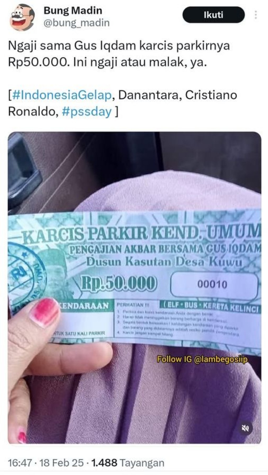 Viral Tarif Parkir Pengajian Gus Iqdam Rp50 Ribu, Netizen: Pemalakan?