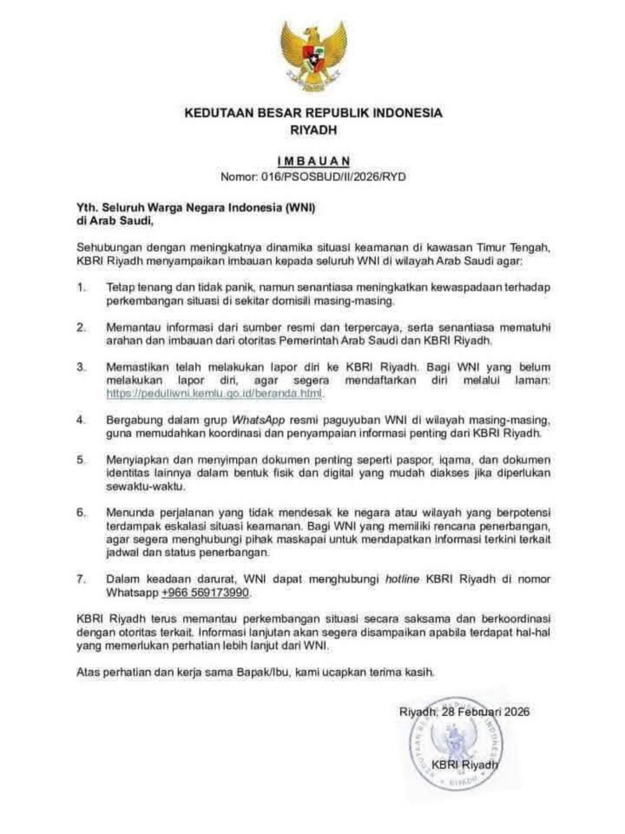 KBRI Riyadh Imbau WNI Tingkatkan Kewaspadaan di Arab Saudi