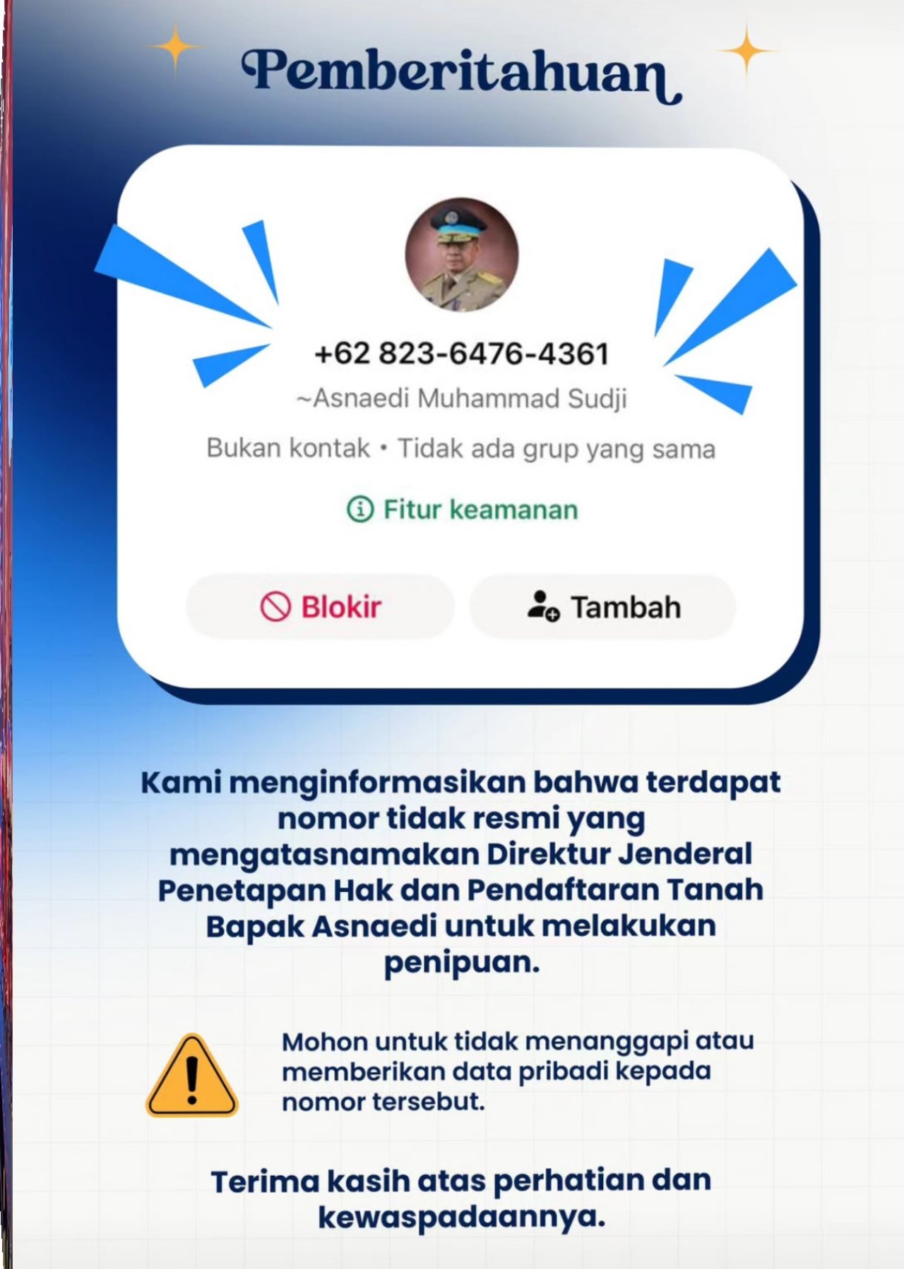 Penipuan Catut Nama Dirjen ATR/BPN Marak, Nomor WhatsApp dan Akun Facebook Palsu Beredar