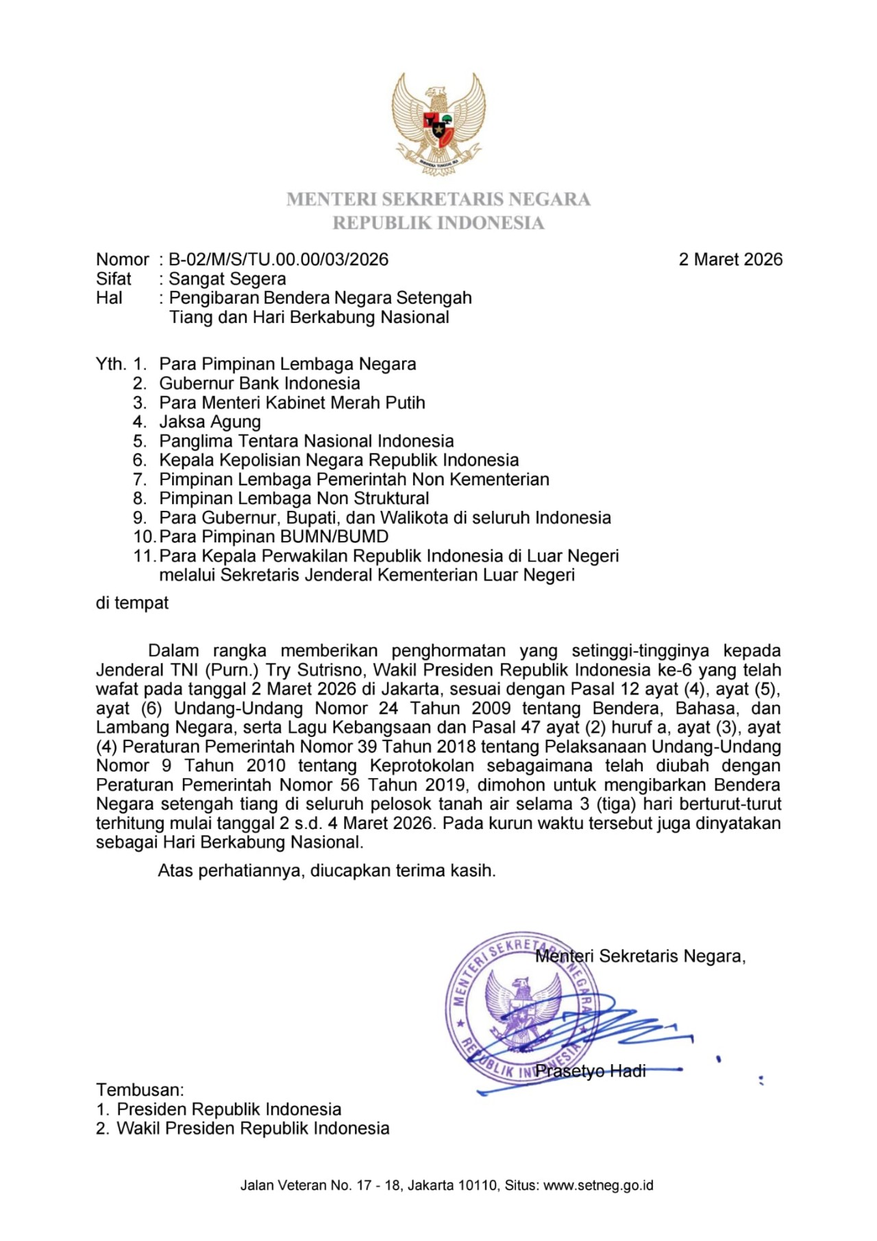 Pemerintah Tetapkan Pengibaran Bendera Setengah Tiang dan Hari Berkabung Nasional Usai Try Sutrisno Wafat
