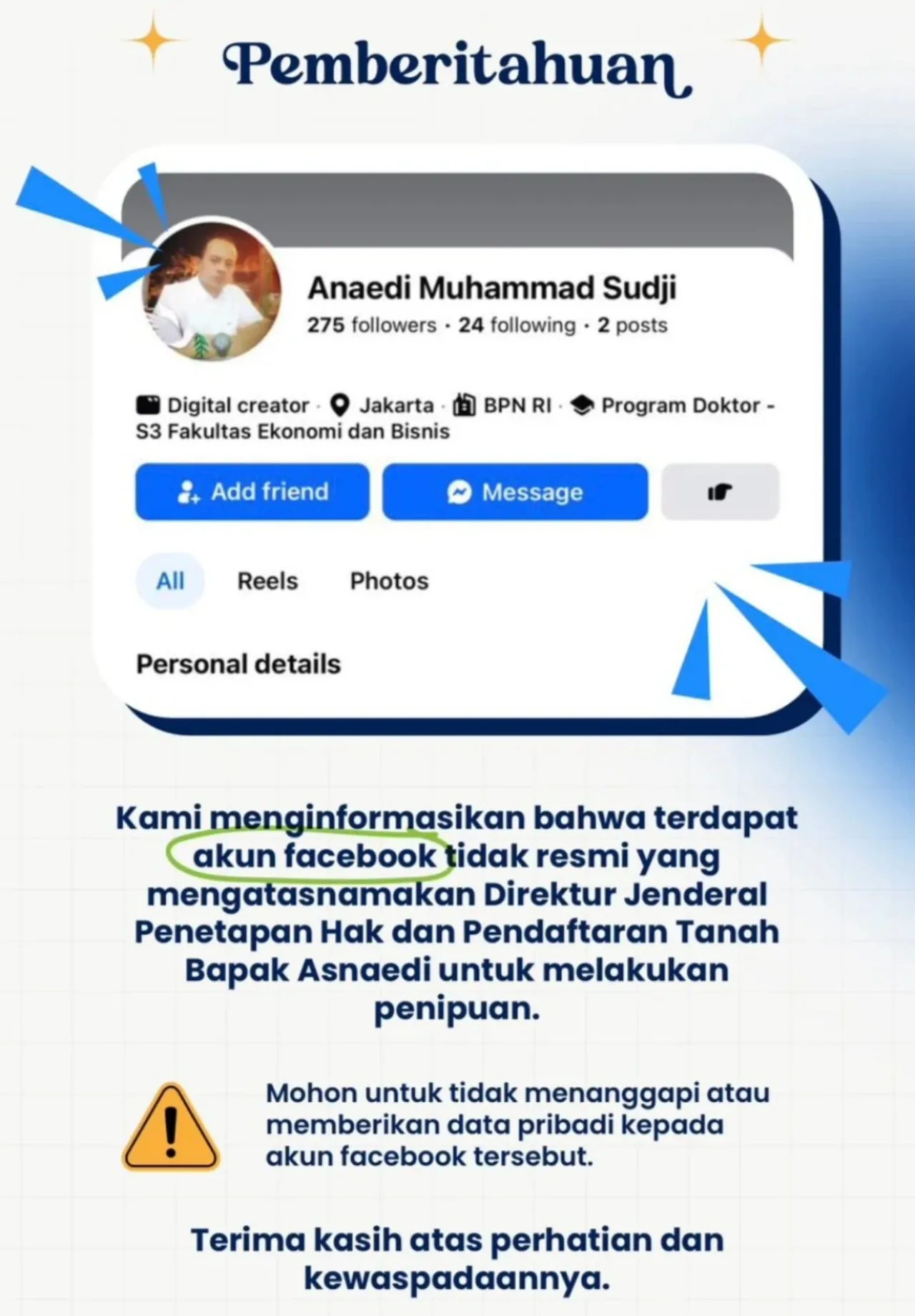 Penipuan Catut Nama Dirjen ATR/BPN Marak, Nomor WhatsApp dan Akun Facebook Palsu Beredar