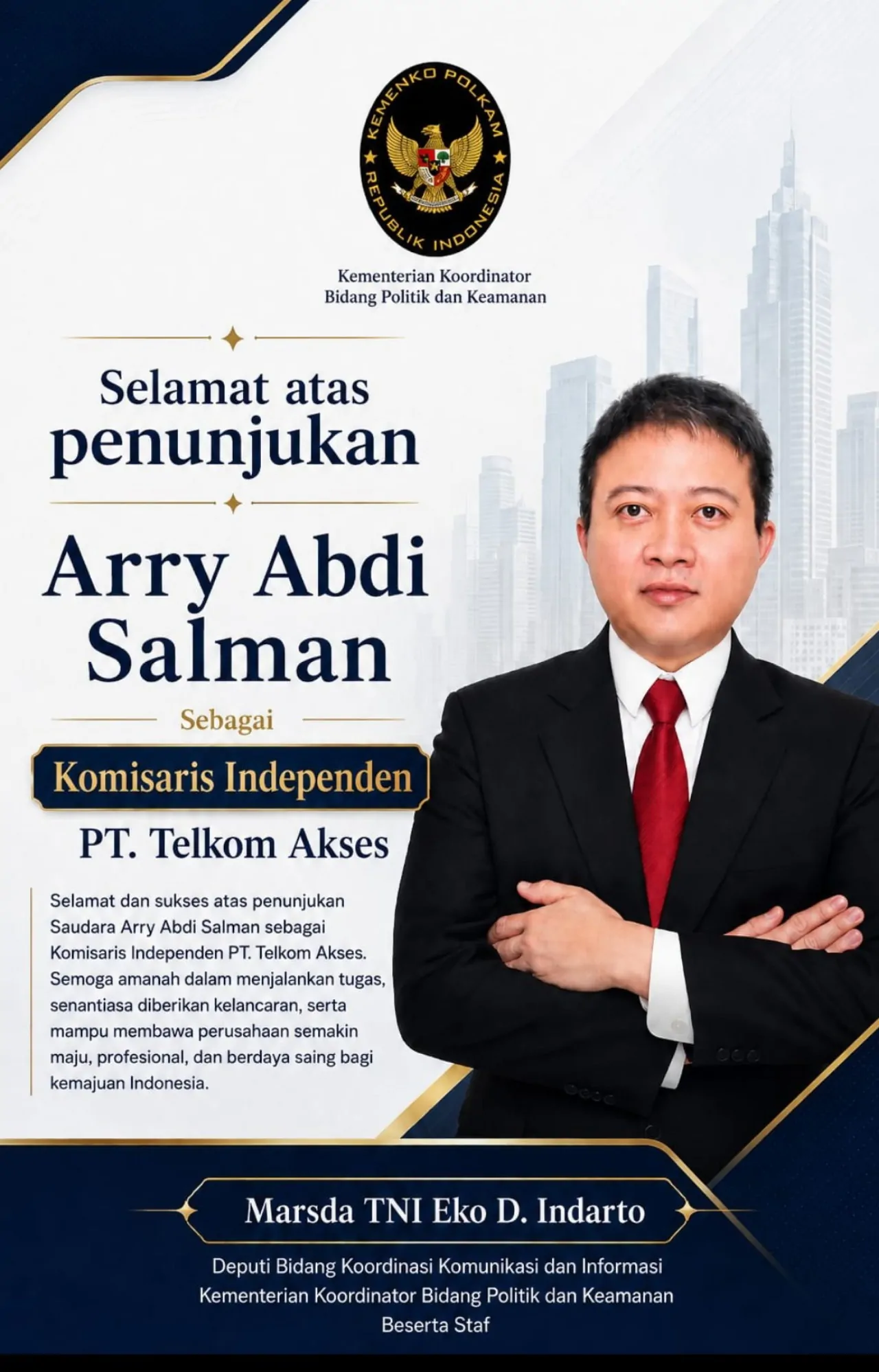 Tiga Pejabat Kemenko Polkam Apresiasi Penunjukan Arry Abdi Syalman sebagai Komisaris di Anak Usaha BUMN