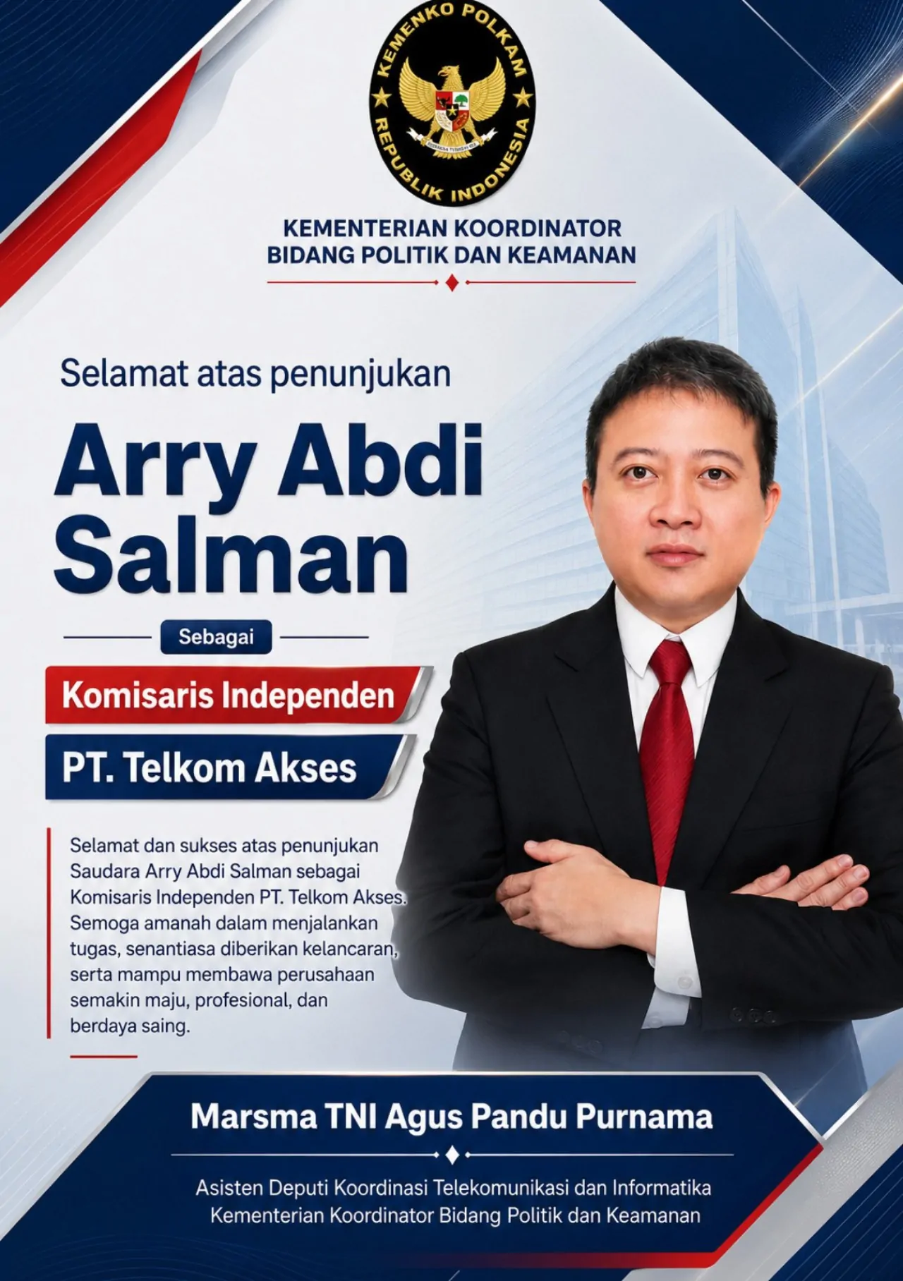 Tiga Pejabat Kemenko Polkam Apresiasi Penunjukan Arry Abdi Syalman sebagai Komisaris di Anak Usaha BUMN